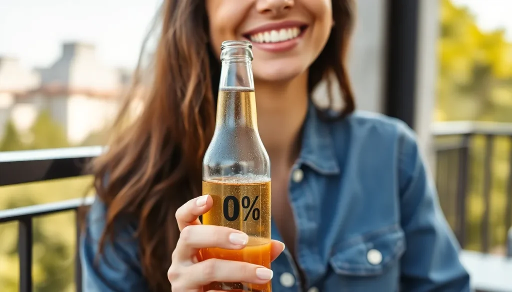 Uśmiechnięta kobieta pije piwo bezalkoholowe 0% w słoneczny dzień, zastanawiając się, czy piwo 0 jest zdrowe.