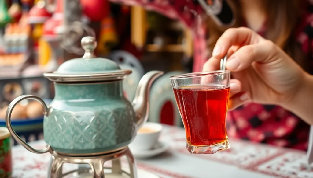 Kobieta nalewa napar z tradycyjnego czajnika (çaydanlık) do szklaneczki, zastanawiając się, czy turecka herbata jest zdrowa.