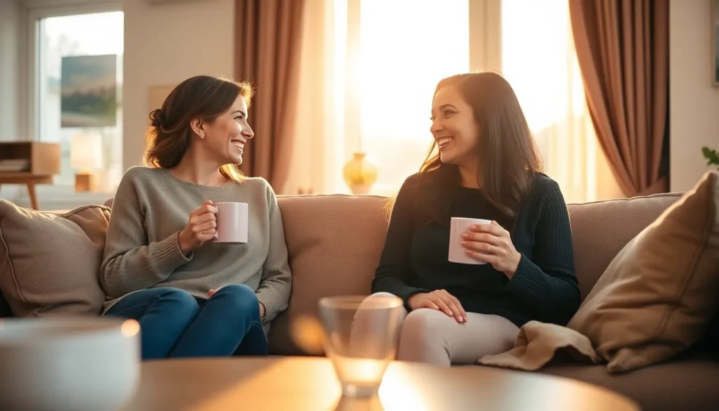 Dwie kobiety rozmawiające na kanapie, ilustrujące szczere budowanie relacji międzyludzkich i aktywne słuchanie w przyjaznej atmosferze