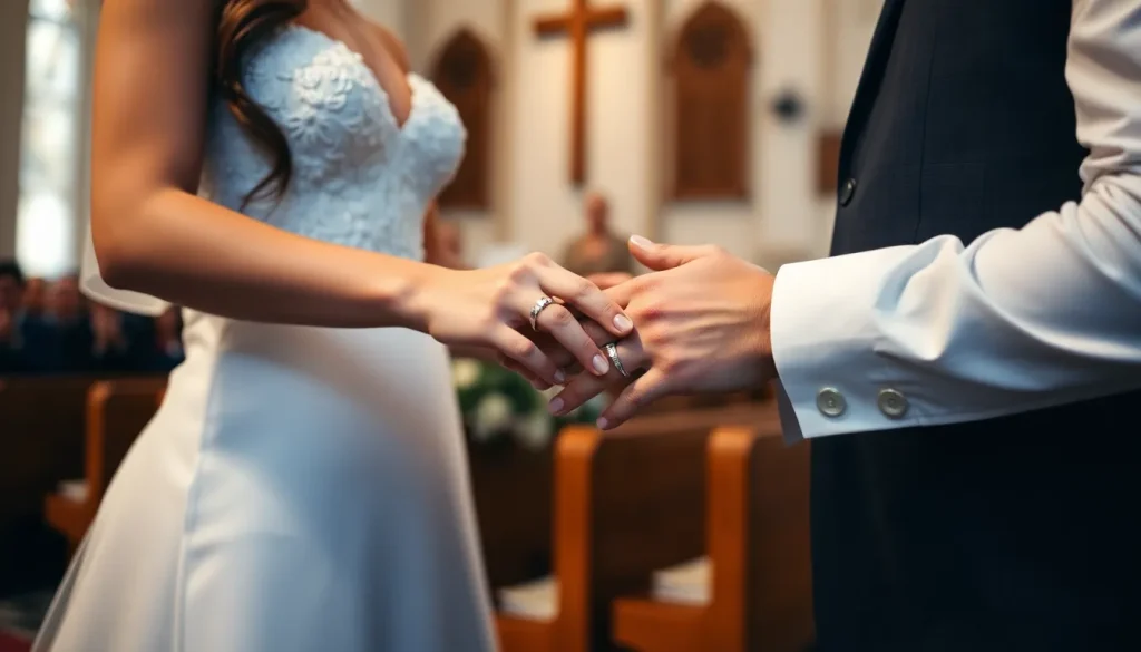 Para młoda wymienia obrączki – tak wygląda cichy ślub kościelny bez mszy, skupiony na sakramencie.