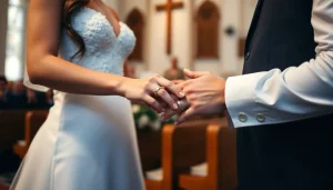 Para młoda wymienia obrączki – tak wygląda cichy ślub kościelny bez mszy, skupiony na sakramencie.