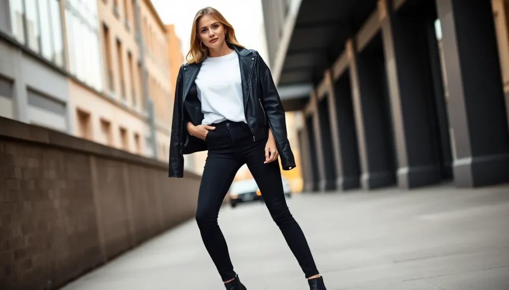 Kobieta w czarnych jeansach, białym T-shircie i ramonesce pokazuje, co pasuje do czarnych jeansów w rockowej stylizacji.