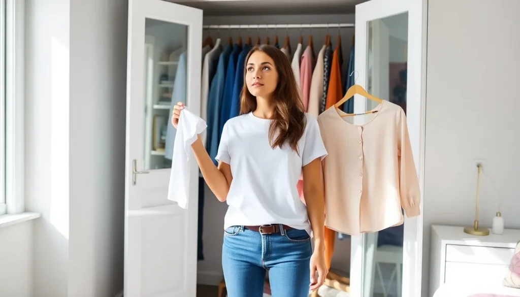 Kobieta w jeansach zastanawia się, co ubrać do jeansów, wybierając między T-shirtem a elegancką bluzką.