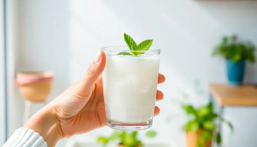 Kobieta trzyma szklankę z białym, pieniącym się napojem, zastanawiając się, czy Ayran jest zdrowy.