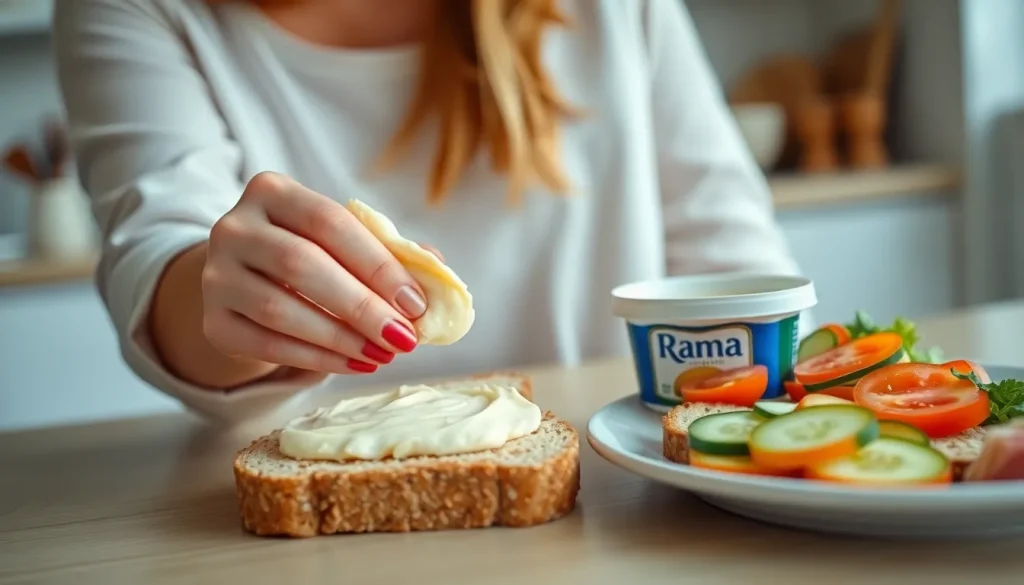 Kobieta smaruje miękką margarynę na pieczywie, zastanawiając się, czy margaryna Rama jest zdrowa.