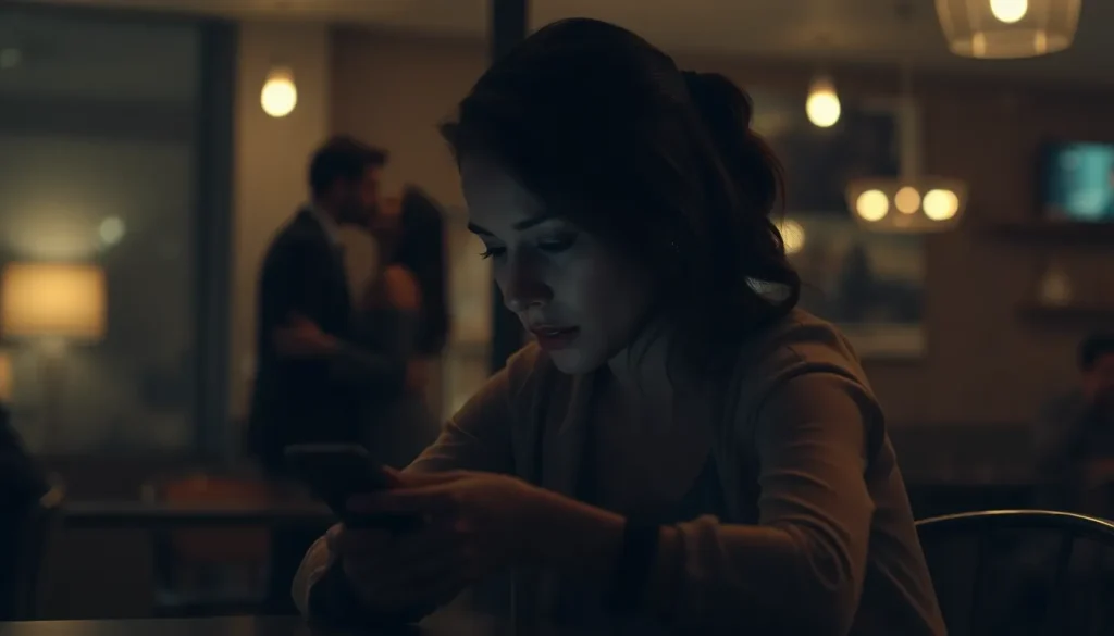 Smutna kobieta patrzy na telefon, a w tle para się całuje. Refleksja na temat tego, czy pocałunek to zdrada i gdzie leży granica w relacji.