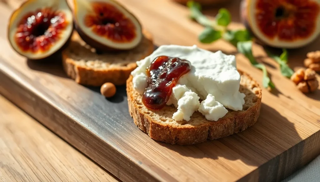 Kawałek miękkiego sera koziego na desce z dodatkami, co nasuwa pytanie, czy ser kozi jest zdrowy.
