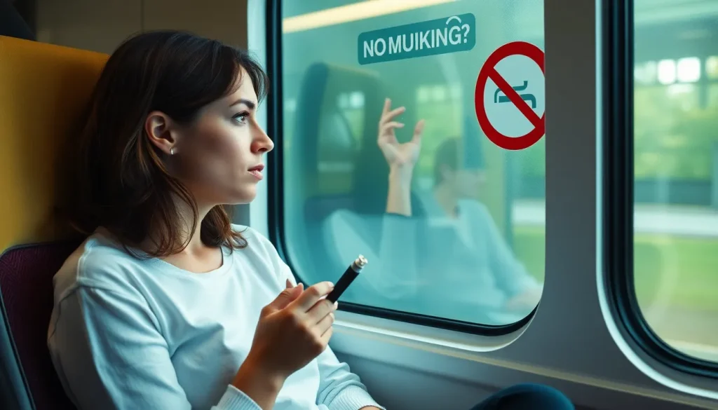 Kobieta w pociągu Intercity zastanawia się, czy można palić IQOSa. Znak zakazu palenia jest widoczny w wagonie.