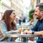 Para rozmawia przy kawiarnianym stoliku. Flirt po angielsku – przydatne zwroty i porady, jak flirtować w języku obcym.