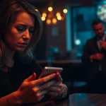 Kobieta w barze patrzy na telefon, w tle mężczyzna z obrączką. Artykuł ostrzega przed ryzykiem i konsekwencjami flirtu z żonatym.