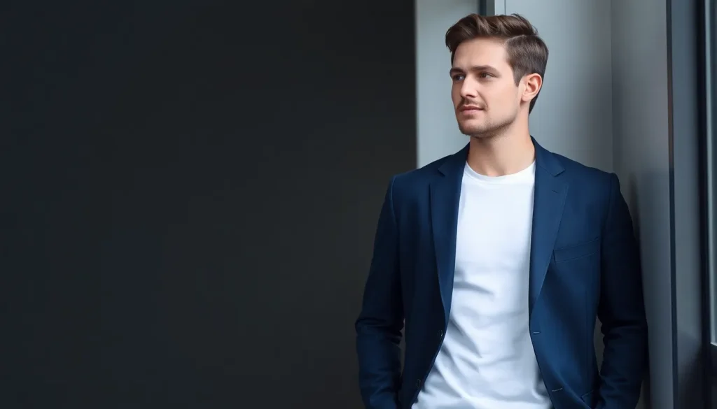 Mężczyzna w ciemnych jeansach i marynarce pokazuje, jak nosić jeansy męskie w stylowej odsłonie smart casual.