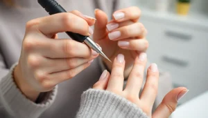 Kobieta precyzyjnie usuwa skórki z paznokci frezarką. Manicure kombinowany wymaga wprawy i dobrego frezu.