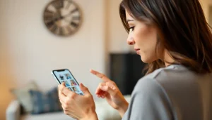 Kobieta edytuje swój profil, zastanawiając się jak usunąć zdjęcie z Badoo na telefonie, aby odświeżyć swój wizerunek.