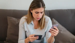 Kobieta trzyma telefon i kartę, zła, bo nie wie, MyDates jak usunąć konto i anulować płatną subskrypcję Premium.