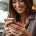 Kobieta uśmiecha się, pisząc wiadomość na telefonie. Przykładowe SMSy flirt – jak flirtować przez SMS i Internet skutecznie.