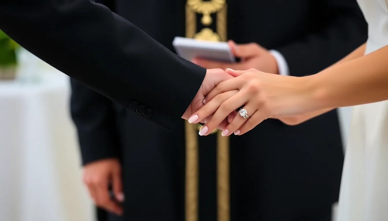 Para młoda trzymająca się za ręce podczas składania przysięgi na ślubie cywilnym w urzędzie
