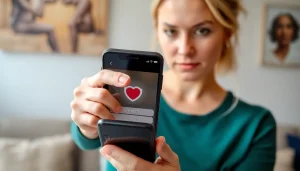 Kobieta trzyma telefon i zastanawia się, tinder jak usunąć parę, klikając przycisk "unmatch" w oknie rozmowy.