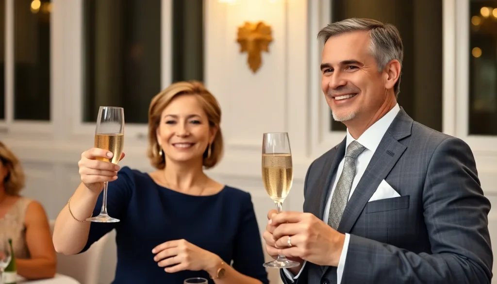 Para gości w eleganckich strojach – kobieta w sukience midi i mężczyzna w garniturze – pokazuje, w co się ubrać na 50 rocznicę ślubu.